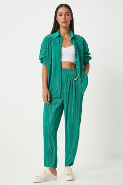 Happiness İstanbul Women's Green Stylish Button-Pleated Shirt and Trousers Suit