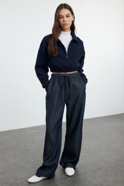 Trendyol Dark Blue Tencel™ Elastic Waist Tie High Waist Wide Leg Jeans