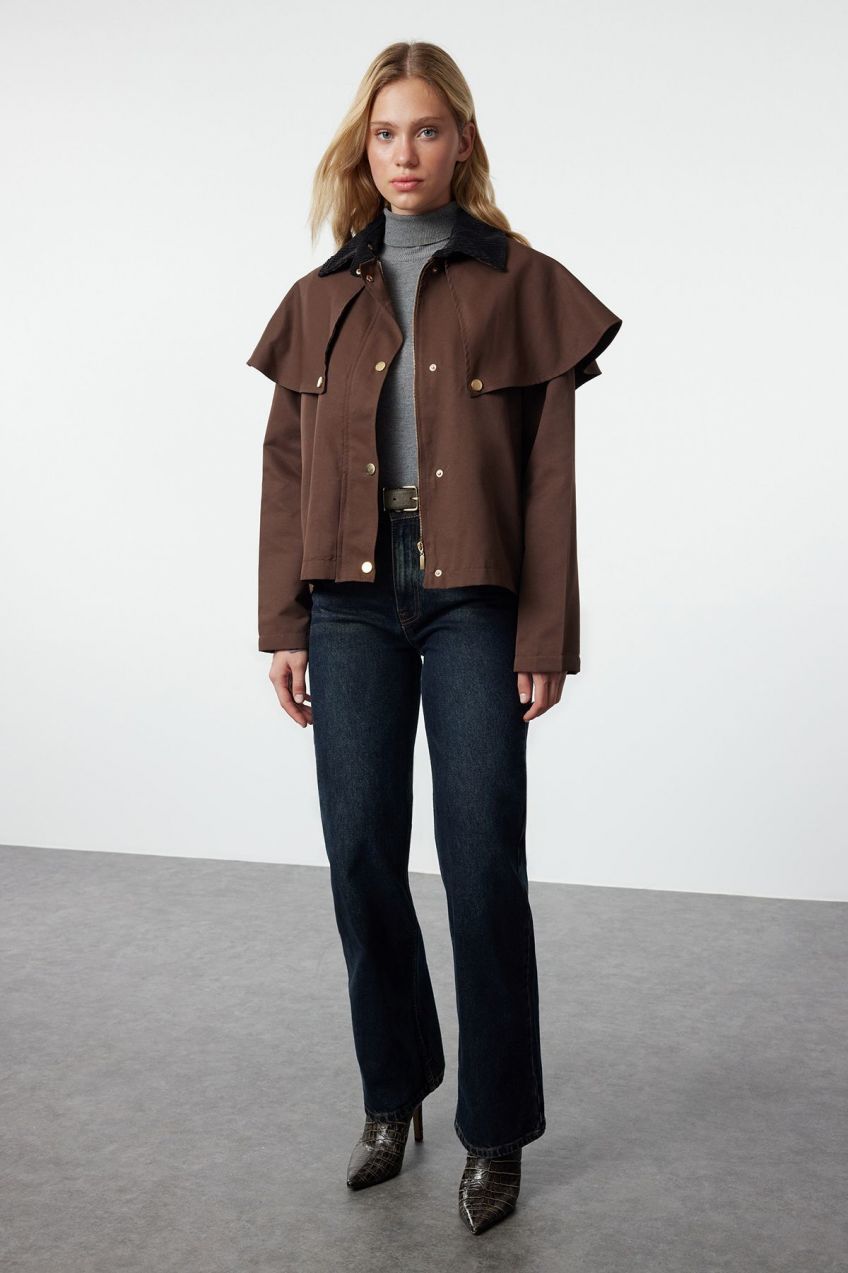 Trendyol Brown Shoulder and Collar Detailed Oversize Molded Thin Jacket Coat