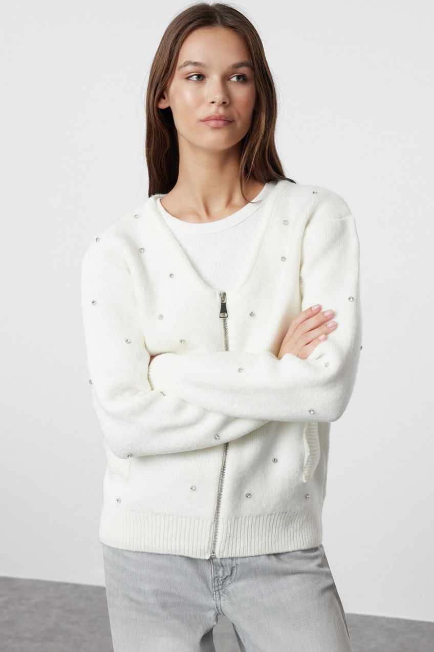 Trendyol Ecru Soft Textured Stone Embroidered Coat Look Knitwear Cardigan