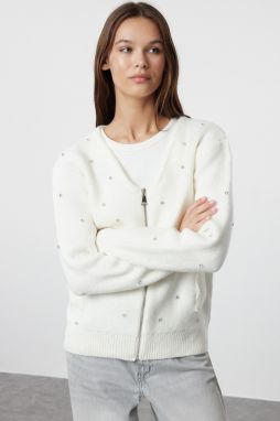Trendyol Ecru Soft Textured Stone Embroidered Coat Look Knitwear Cardigan