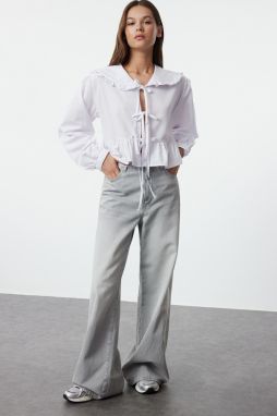 Trendyol Ecru Ruffled Baby Collar Front Tie Detail Regular Normal Fit Shirt