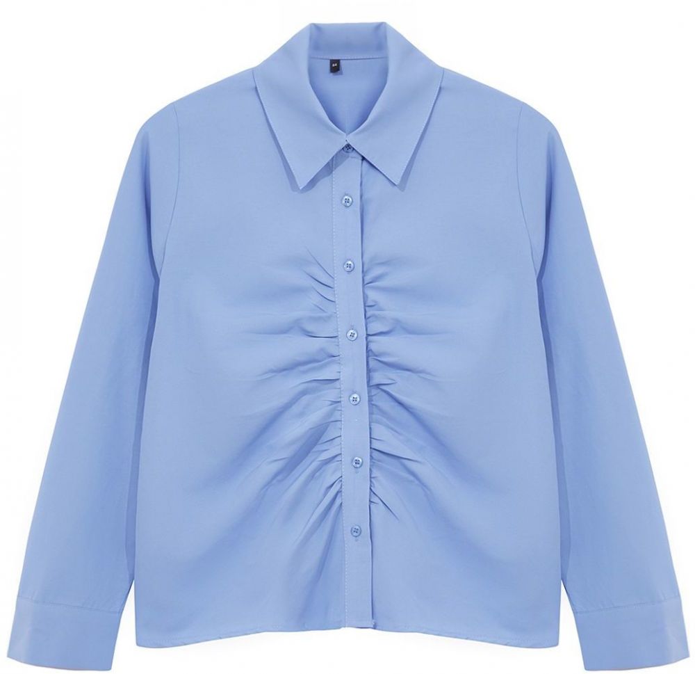 Trendyol Curve Blue Women's Long Sleeve Gathered Woven Plus Size Shirt