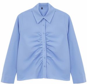 Trendyol Curve Blue Women's Long Sleeve Gathered Woven Plus Size Shirt