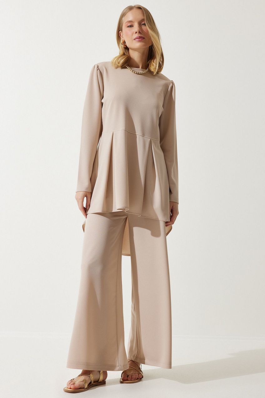 Happiness İstanbul Women's Cream Flowing Tunic Palazzo Knitted Set