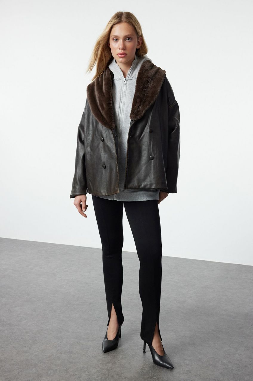 Trendyol Dark Brown Oversize Molded Collar Faux Leather Coat with Fur Detail
