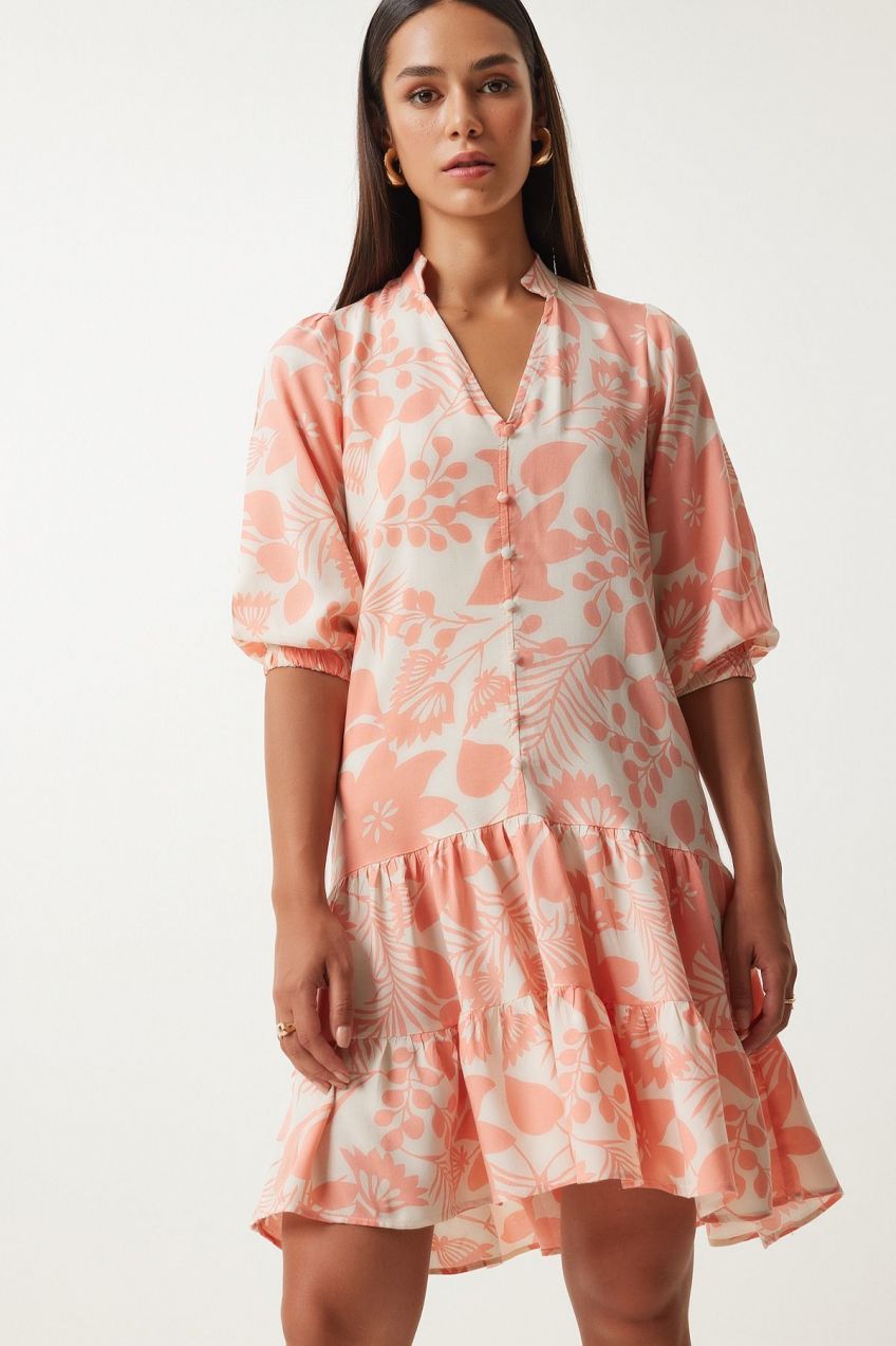 Happiness İstanbul Women's Peach Patterned Magnificent Collar Viscose Dress