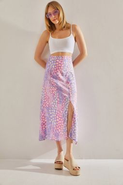 Bianco Lucci Women's Lilac Floral Skirt with Side Hidden Zipper Slit