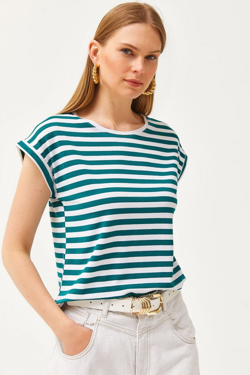 Olalook Women's Emerald Green Striped Bat Viscose T-Shirt