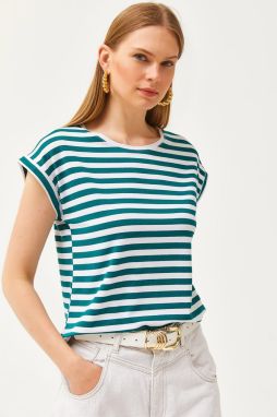 Olalook Women's Emerald Green Striped Bat Viscose T-Shirt