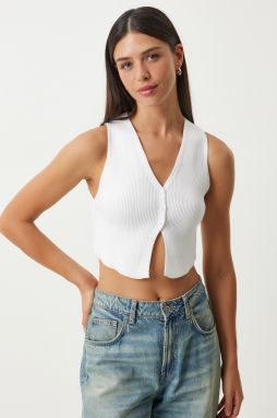 Happiness İstanbul Women's White V-Neck Crop Knitwear Vest