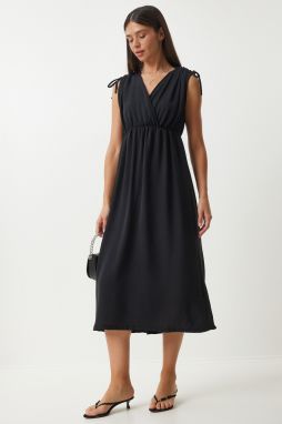 Happiness İstanbul Women's Black Wrap Collar Gathered Knitted Dress