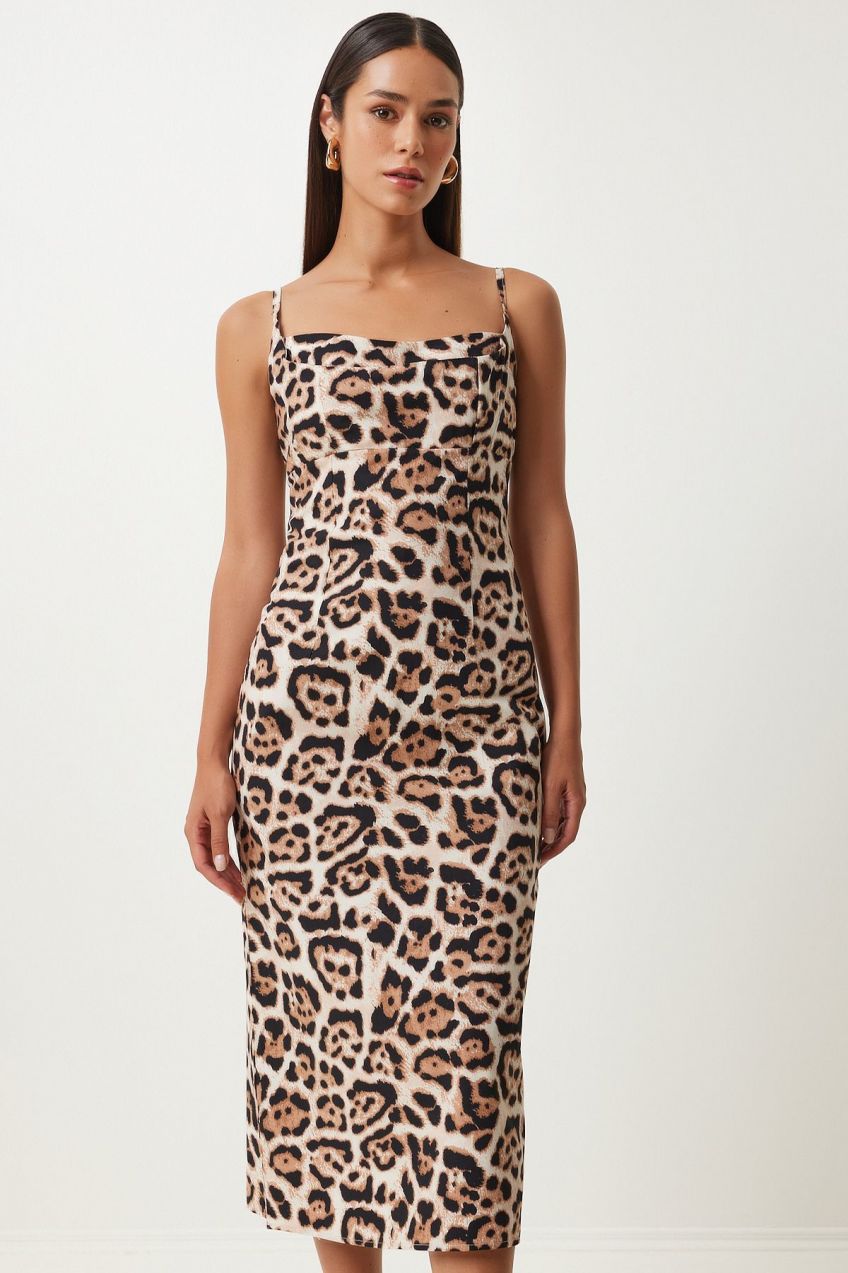 Happiness İstanbul Women's Black Beige Leopard Patterned Strappy Midi Dress