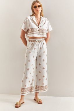 Bianco Lucci Women's Short Sleeve Ethnic Linen Crop Shirt Pants Suit