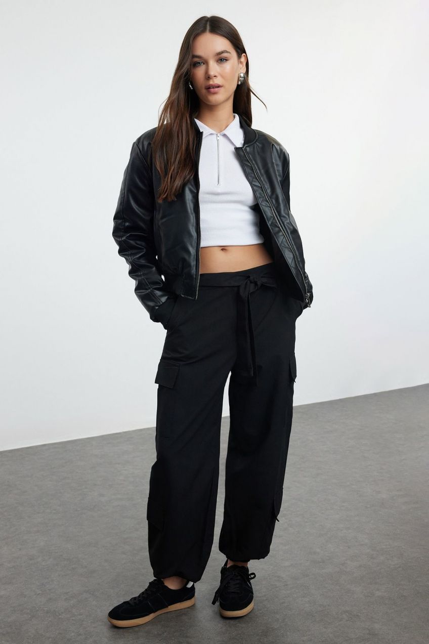Trendyol Black Soft Textured Cotton Gabardine Belted Cargo Woven Trousers