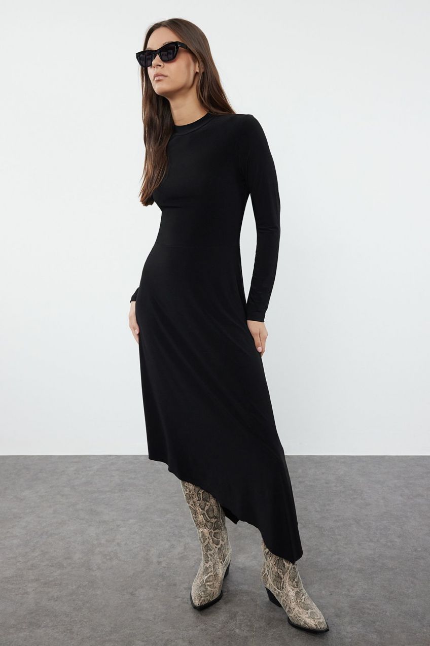 Trendyol Black Plain Skater/Asymmetrical Flexible Knitted Dress