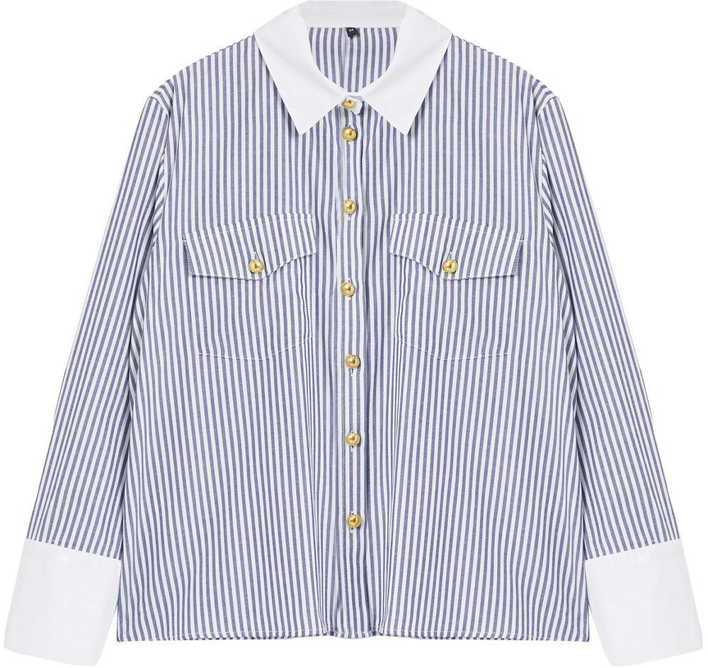 Trendyol Curve Grey White Striped Crop Long Sleeve Gold Button Pocket Plus Size Shirt