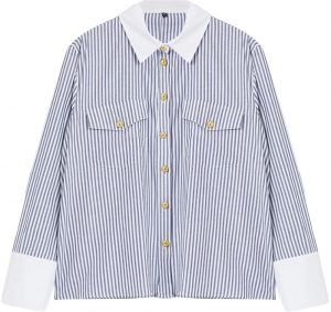 Trendyol Curve Grey White Striped Crop Long Sleeve Gold Button Pocket Plus Size Shirt