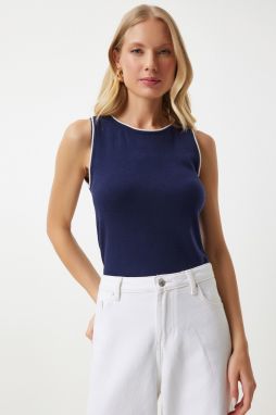 Happiness İstanbul Women's Navy Blue Contrast Striped Summer Fine Knitwear Blouse