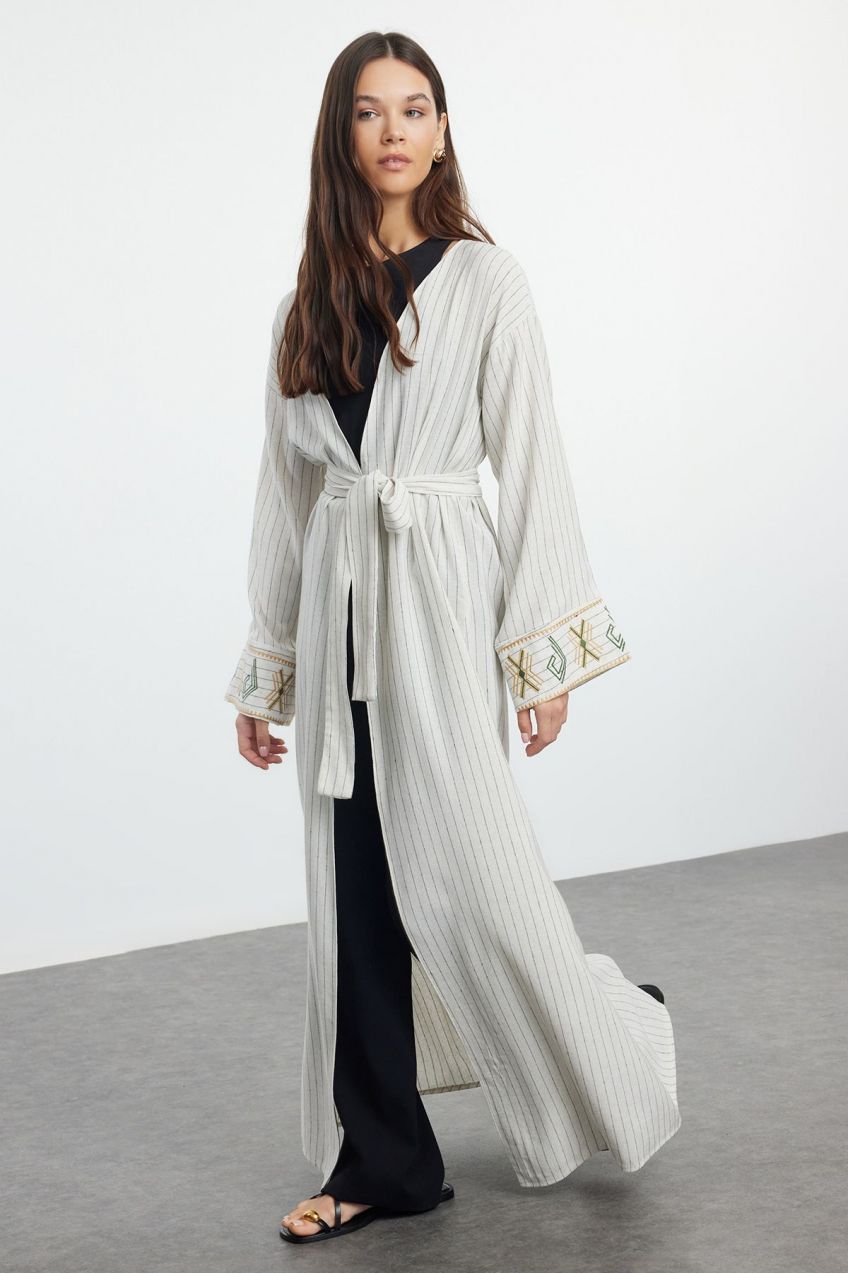 Trendyol Beige Linen Look Embroidered Woven Kimono & Kaftan & Abaya