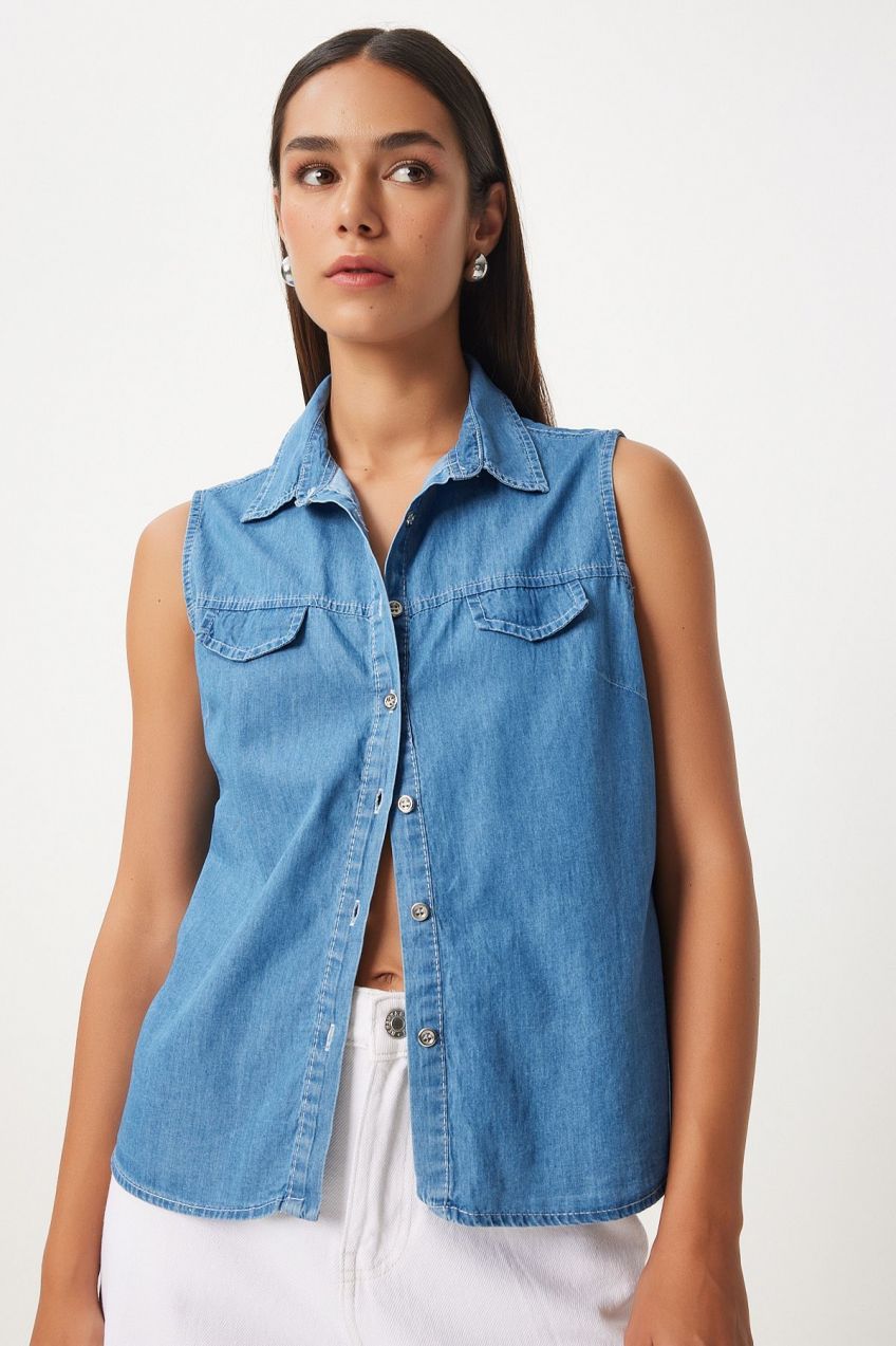 Happiness İstanbul Women's Blue Pocket Flap Denim Vest
