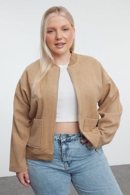 Trendyol Curve Beige Zippered Long Sleeve Pocketed Plus Size Jacket