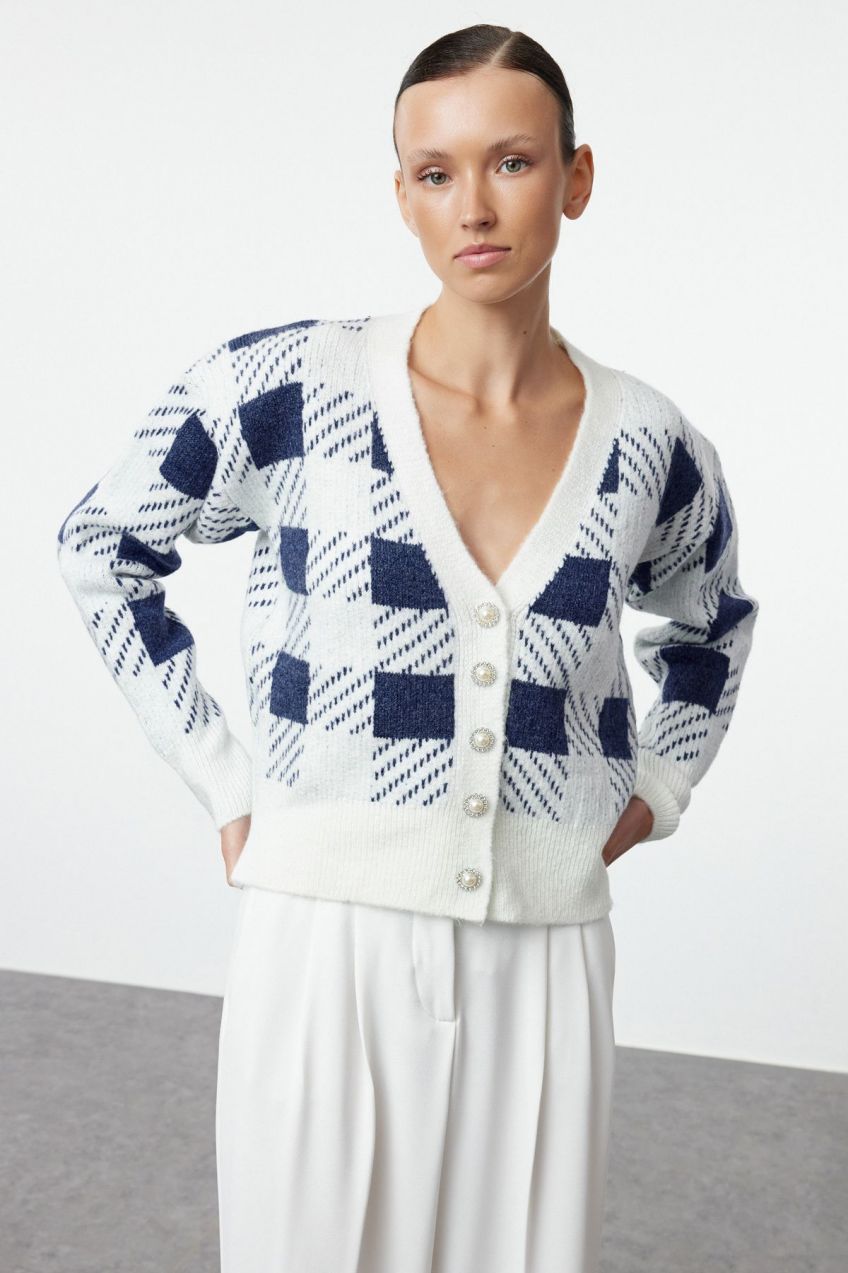 Trendyol Ecru Plaid/Checked Knitwear Cardigan