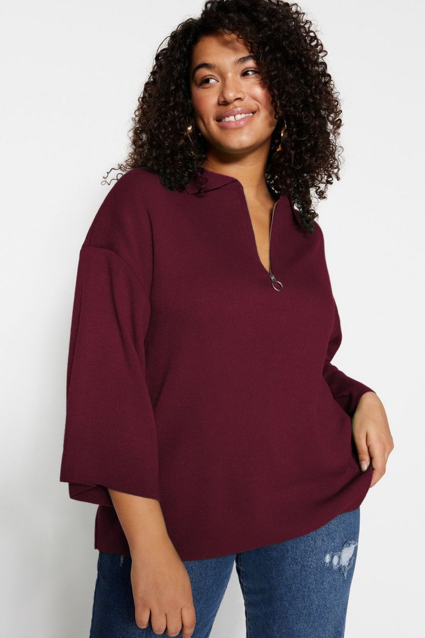Trendyol Curve Cherry Brown Polo Collar Zipper Detailed Knitwear Sweater