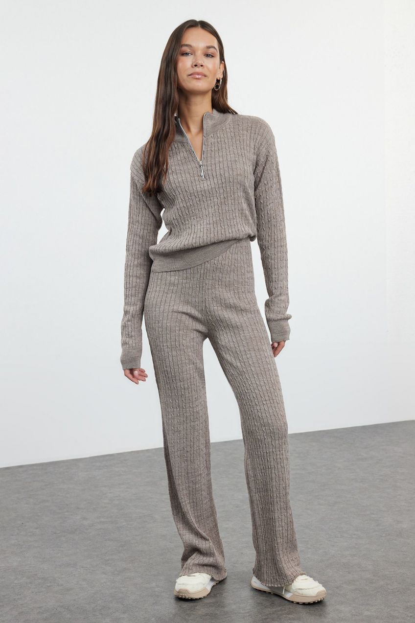 Trendyol Mink Zippered Sweater-Pants Knitwear Top-Top Set