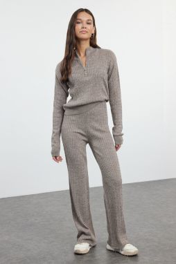 Trendyol Mink Zippered Sweater-Pants Knitwear Top-Top Set