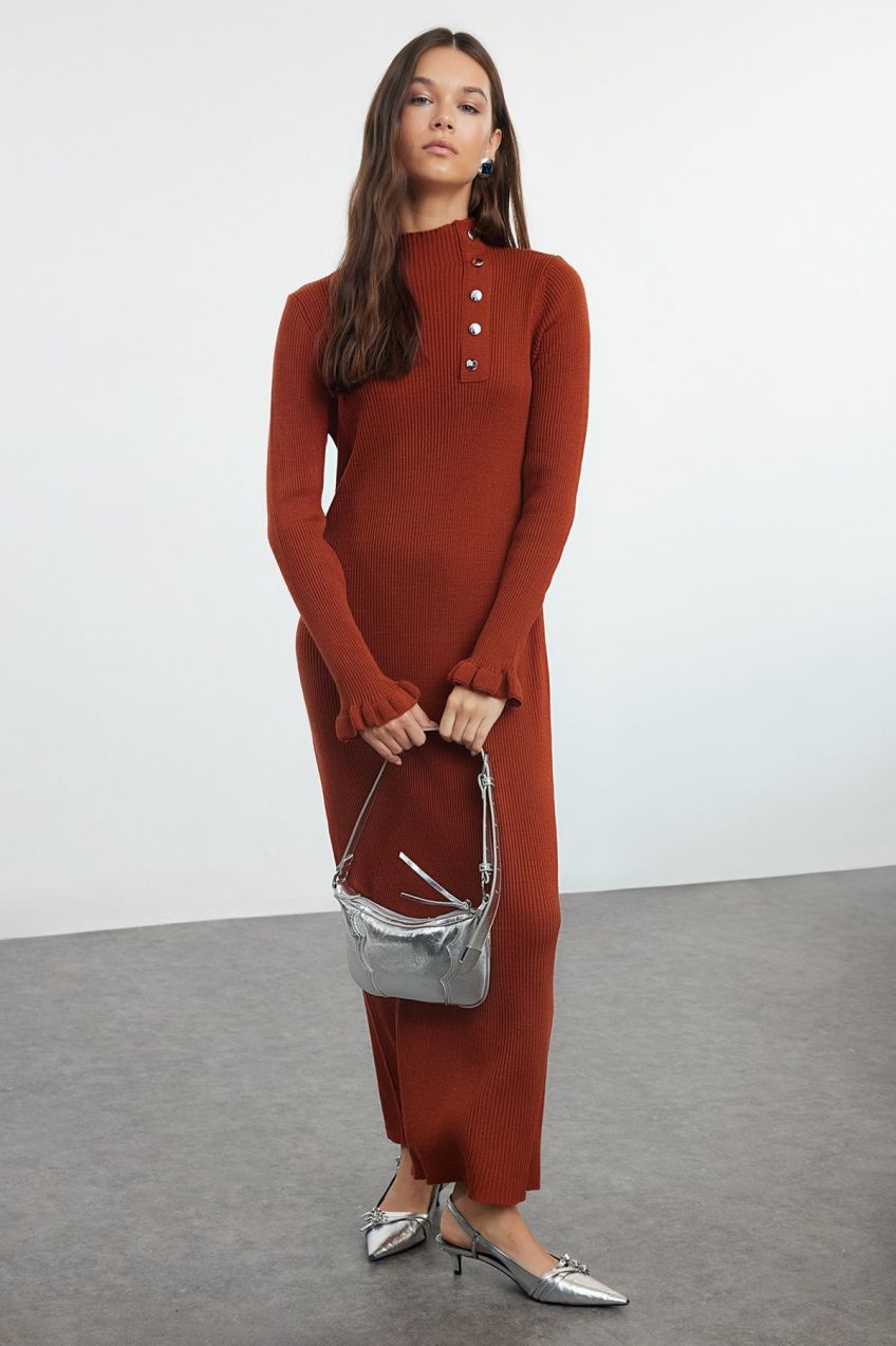 Trendyol Cinnamon Accessory Buttoned Rib Knit Dress