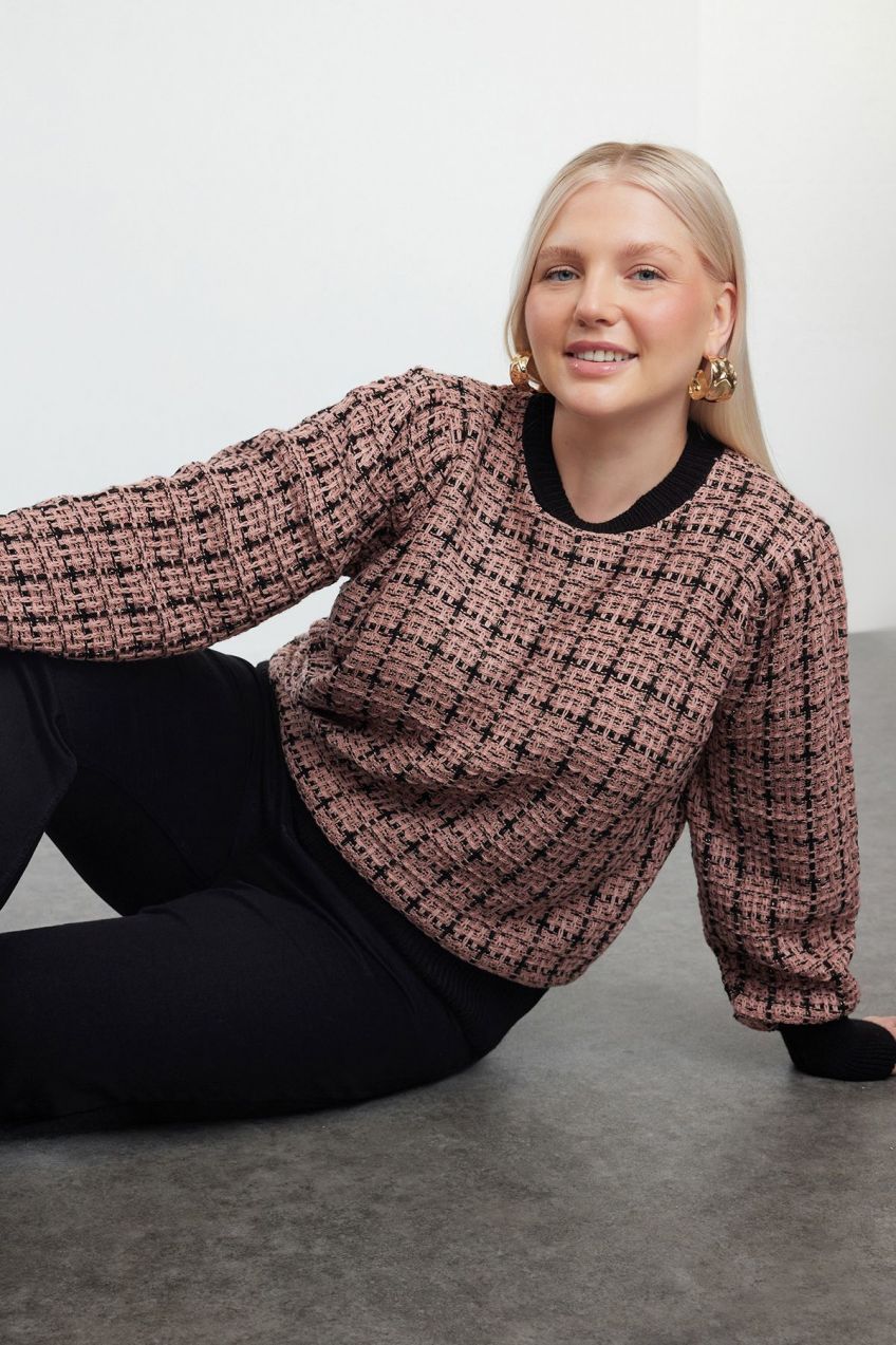 Trendyol Curve Dusty Rose Glittery Tweed Look Knitwear Sweater