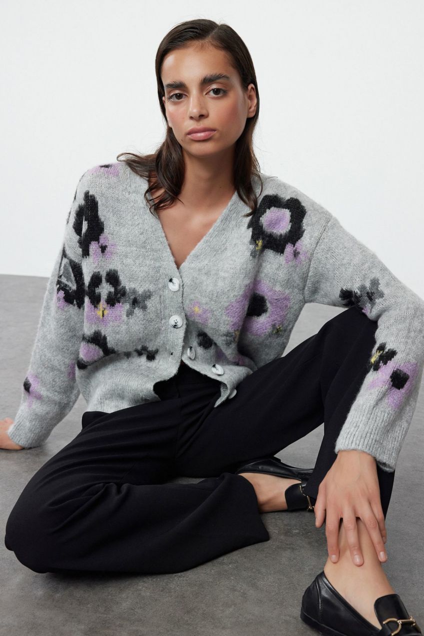 Trendyol Gray Soft Textured Floral Patterned Knitwear Cardigan