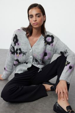 Trendyol Gray Soft Textured Floral Patterned Knitwear Cardigan