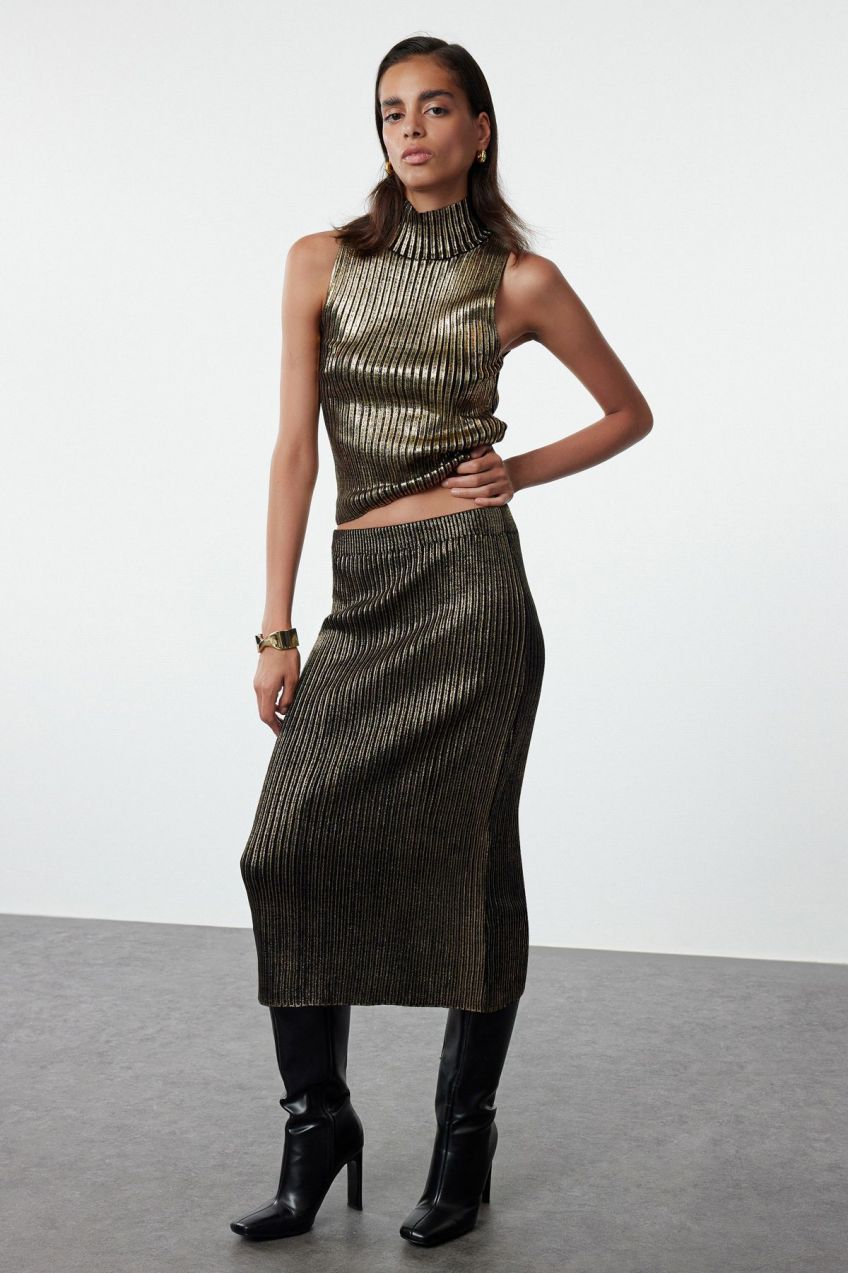 Trendyol Gold Leaf Printed Skirted Knitwear Bottom-Top Set