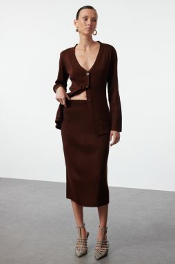 Trendyol Dark Brown Cardigan-Skirt Knitwear Bottom-Top Set
