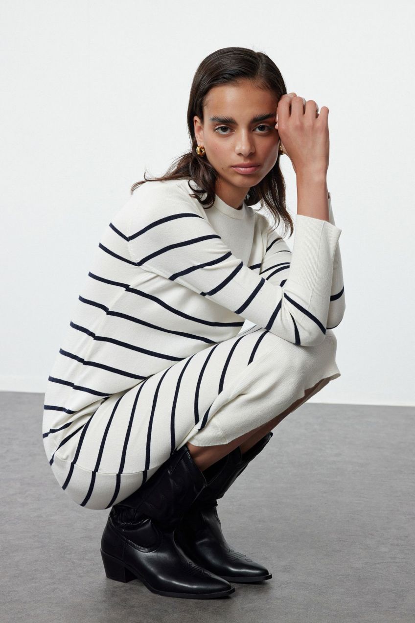Trendyol Ecru Midi Knit Basic Striped Dress