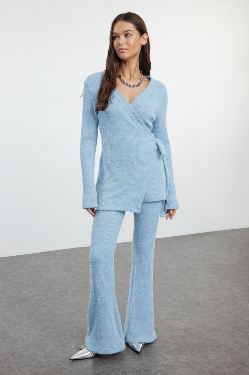 Trendyol Blue Feathered Double Breasted Trousers Knitwear Top-Bottom Set