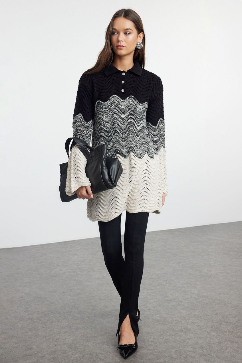 Trendyol Black Color Block Knitted Detailed Knitwear Sweater