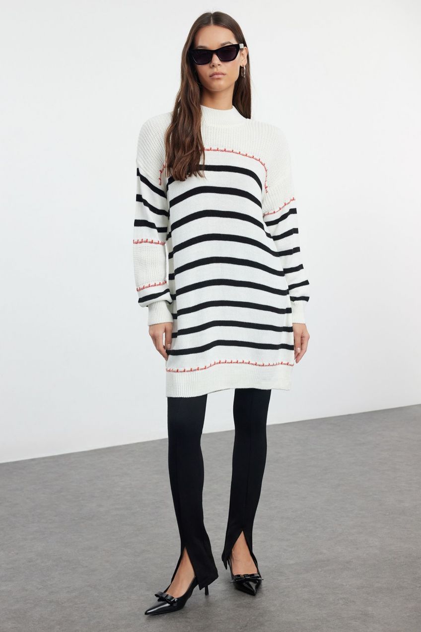 Trendyol Ecru Red and Black Striped Basic Knit Sweater
