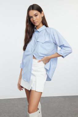 Trendyol Blue Padding Detailed Striped Pocket Flap Oversize Wide Fit Shirt