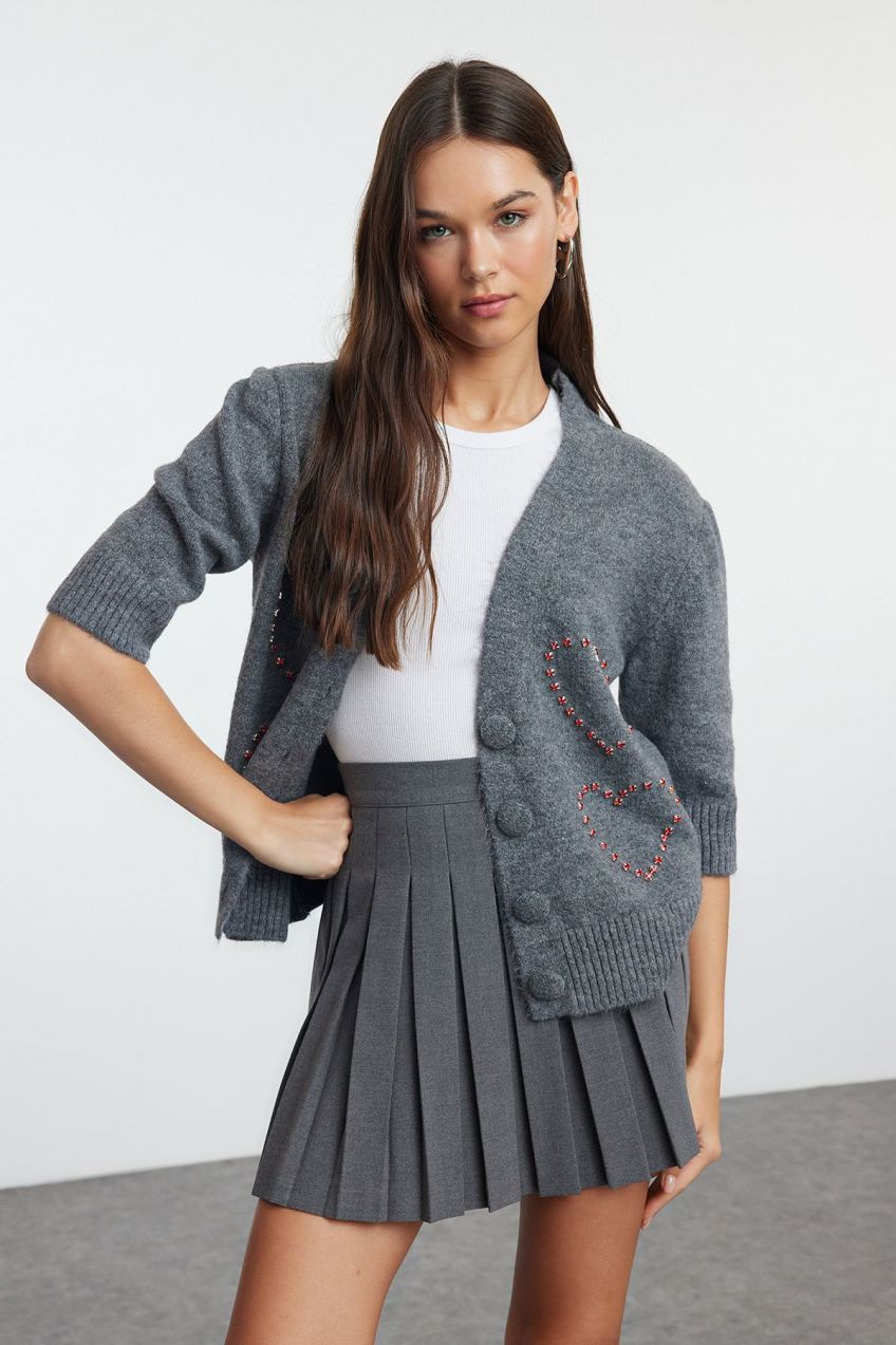 Trendyol Anthracite Wool Stone Embroidered Knitted Cardigan
