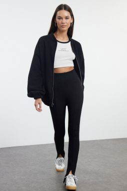 Trendyol Black Zippered Oversize/Wide Fit Thick Inside Fleece Knitted Sweatshirt