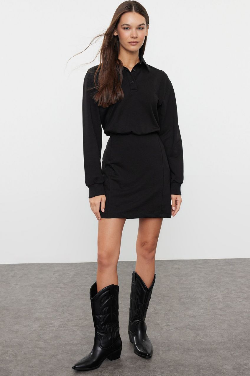 Trendyol Black Plain Polo Neck Fitted Mini Knitted Dress