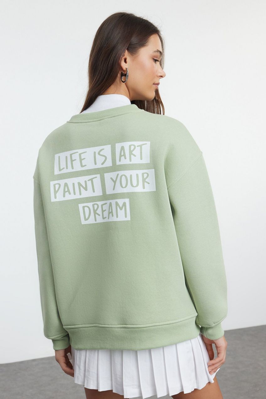 Trendyol Mint Slogan Oversize / Wide Fit Thick Fleece Inside Knitted Sweatshirt