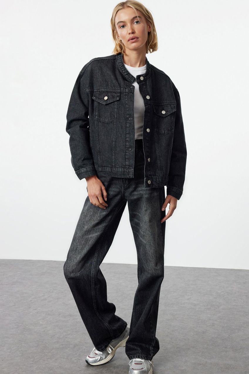 Trendyol Anthracite Stand Collar Oversize Denim Jacket