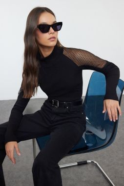 Trendyol Black Tulle Garni Detailed Fitted Flexible Knitted Blouse