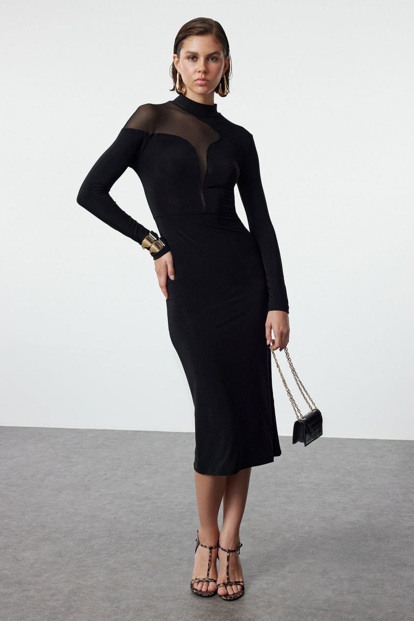 Trendyol Black Body-Sit Collar Detailed Knitted Elegant Evening Dress