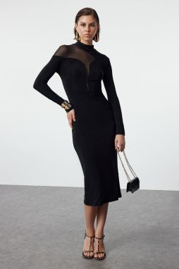 Trendyol Black Body-Sit Collar Detailed Knitted Elegant Evening Dress