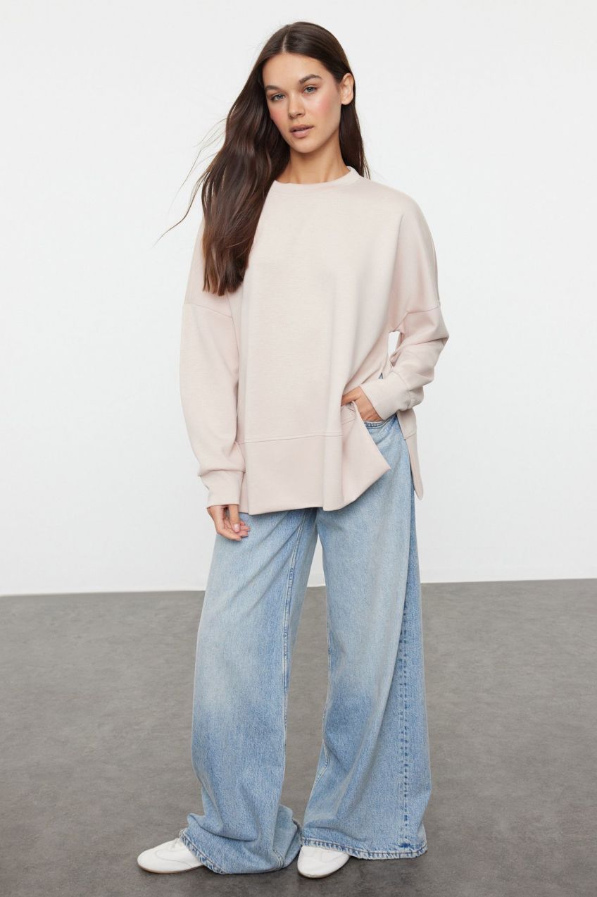 Trendyol Stone Oversize/Wide Cut Slit Crew Neck Soft Touch Knitted Sweatshirt